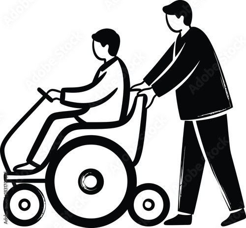 Simple black and white line art icon of a caregiver pushing a person in a wheelchair.