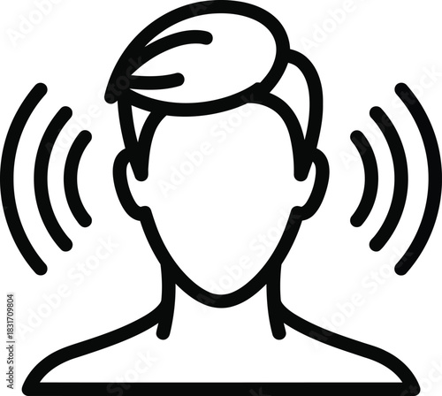 Simple black line art icon of a human head with sound waves symbolizing hearing listening and auditory perception.