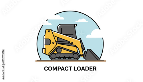 Yellow Compact Track Loader Vector Illustration with Bucket. Skid Steer Heavy Equipment Icon in Flat Line Art Style on White Background for Construction Themes.