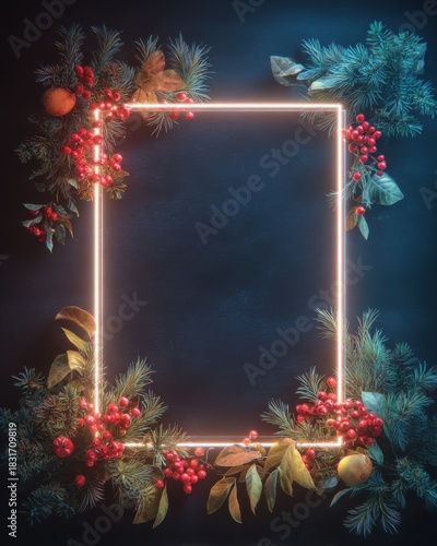 A glowing rectangular frame surrounded by festive red berries, pine branches, and golden leaves on a dark background.