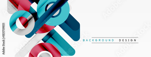 Abstract geometric lines, shapes create modern background. Blue, red colors dominate design, offering sleek visual appeal.