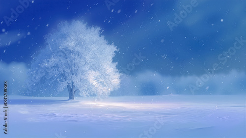 雪の降る青い夜の雪原に佇む霧氷のついた大きな木と幻想的な冬の風景