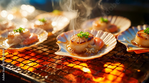 網の上で香ばしく焼けるネギの乗った殻付きホタテと立ち上る湯気のシズル感ある接写