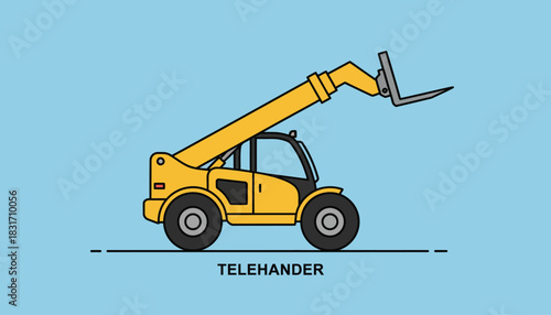 Yellow Telehandler Vector Illustration on Blue Background; Industrial Material Handler Equipment Flat Design Icon