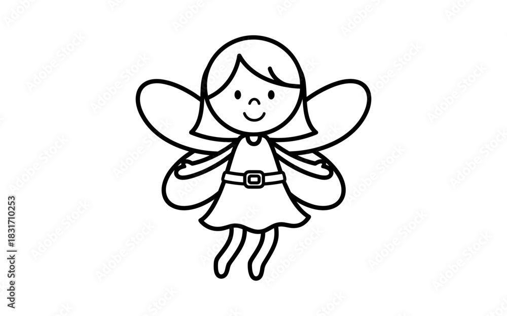 Naklejka premium Charming cartoon fairy with wings in minimalist black and white style