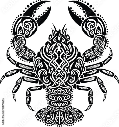 Stylized black and white crab illustration with intricate Celtic knotwork patterns.