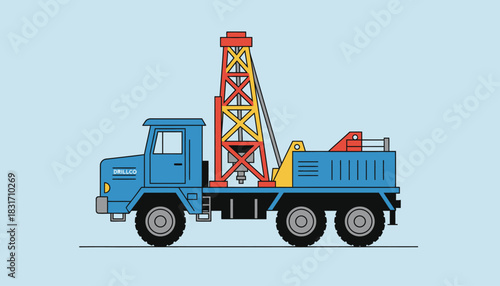 Blue Drilling Rig Truck Vector Illustration. Industrial Vehicle for Oil, Gas, Water Well Exploration, Mining, Geological Survey. Flat Design Equipment.