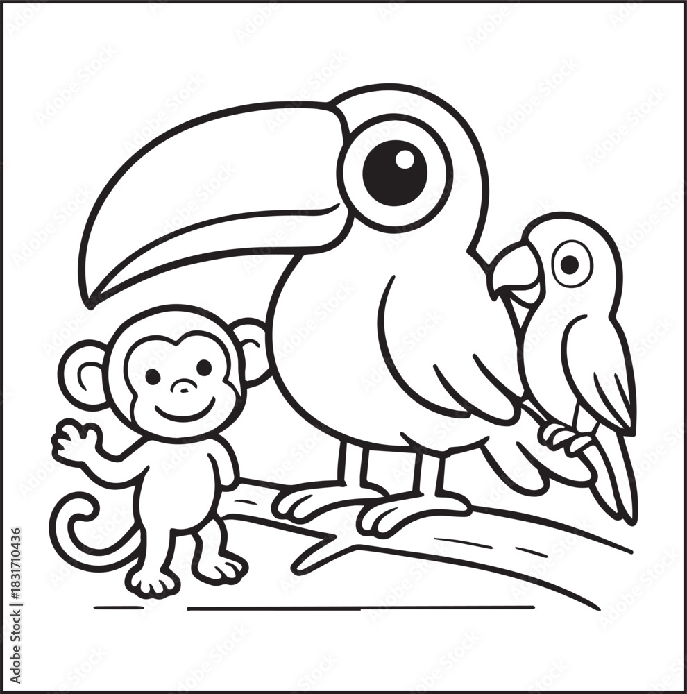 Fototapeta premium Cute adorable toucan coloring page for kids, tropical bird black line art vector illustration doodle