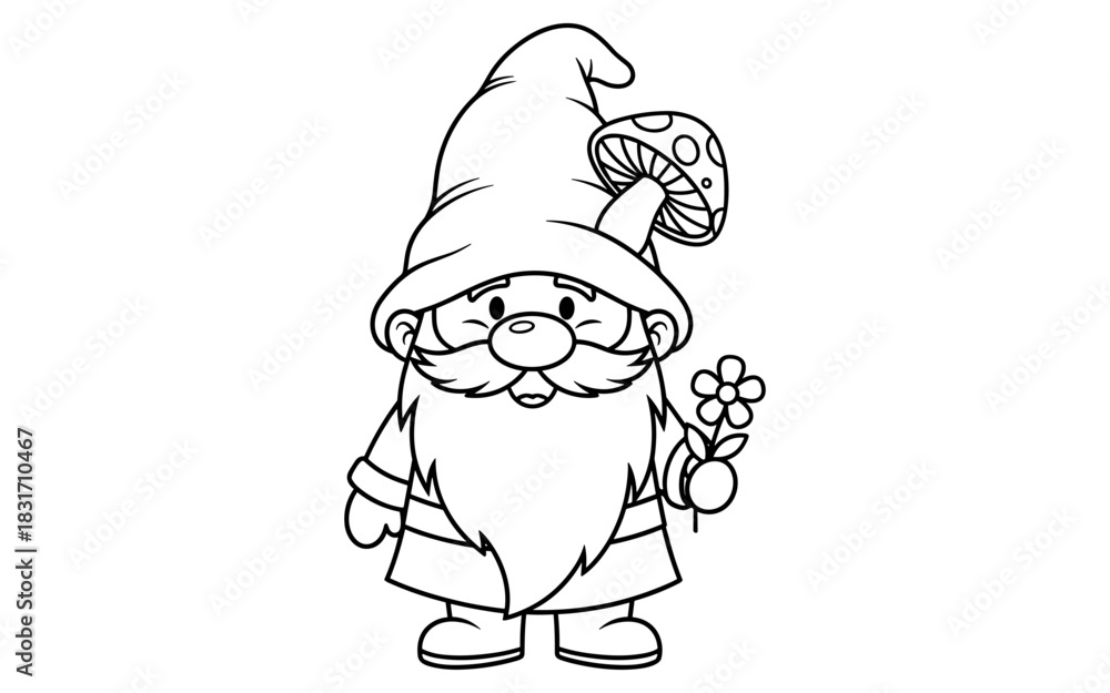 Fototapeta premium Whimsical gnome coloring page with flower and mushroom hat