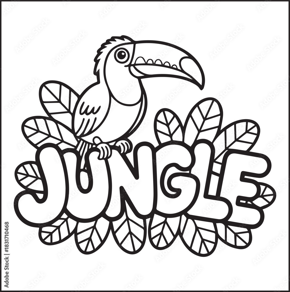 Naklejka premium Cute adorable toucan coloring page for kids, tropical bird black line art vector illustration doodle