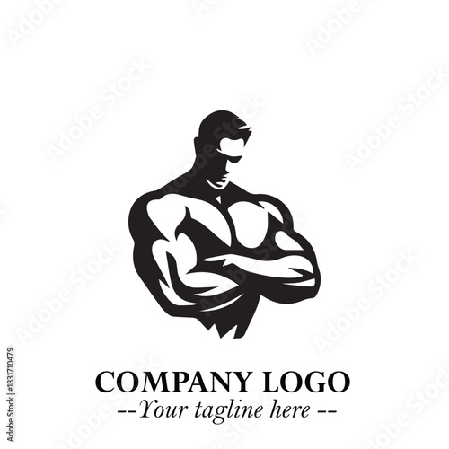 Man With Muscle Logo Symbol in Black on White Background for Strong Bold Fitness Branding Design Art