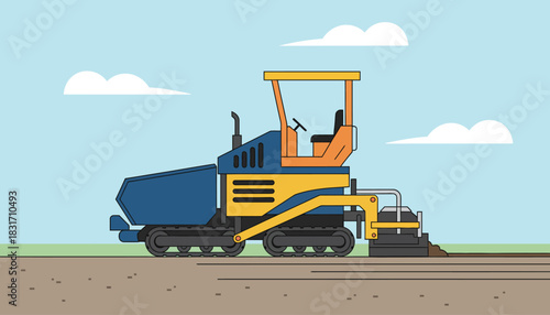 Asphalt Paver Machine Vector Illustration. Heavy Road Construction Equipment Laying Asphalt on Building Site with Blue Sky and Clouds.