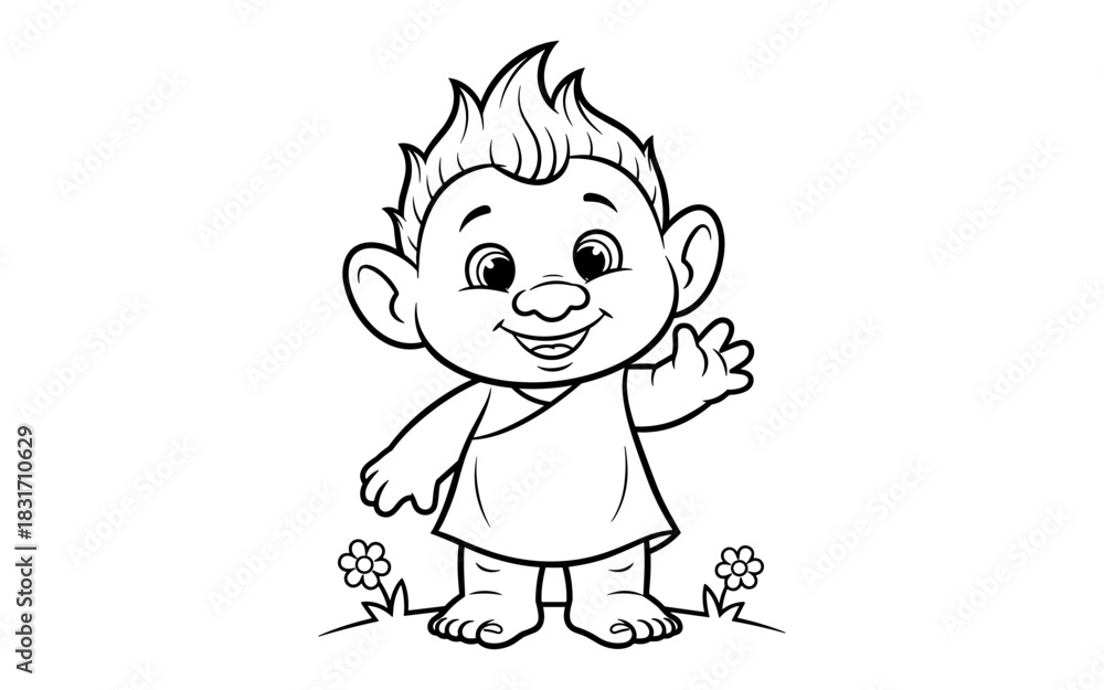 Naklejka premium Cute troll character in black and white outline for kids coloring activity