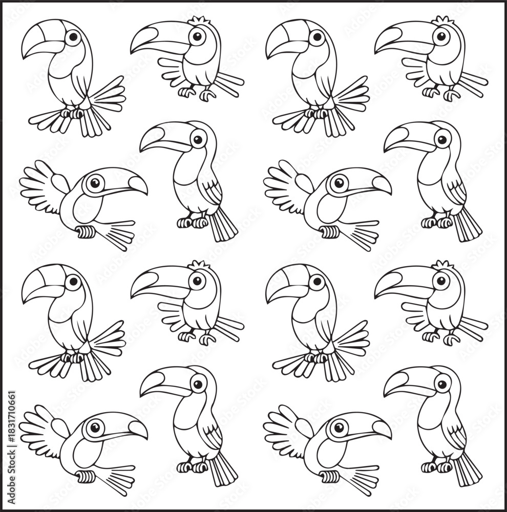 Naklejka premium Cute adorable toucan coloring page for kids, tropical bird black line art vector illustration doodle