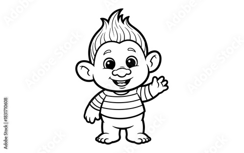 Cute cartoon troll character waving in black and white line art style
