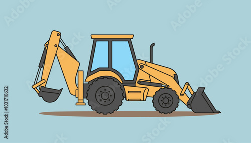 Bright Yellow Backhoe Loader Construction Vehicle Illustration on a Serene Blue Background, Flat Design Vector Art for Heavy Machinery and Industrial Projects