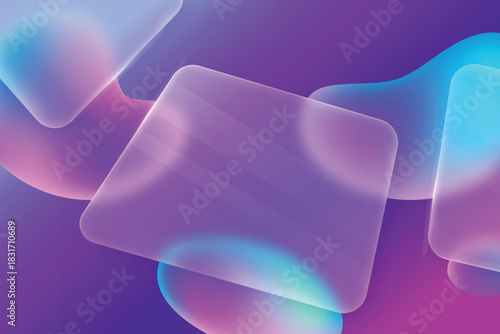 Abstract background with translucent rounded squares and vibrant neon light gradients in purple and blue hues