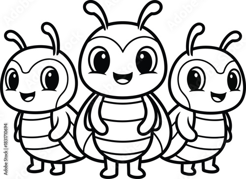 Three cute cartoon insect friends standing together a black and white line art illustration with big eyes and happy smiles perfect for a coloring page.