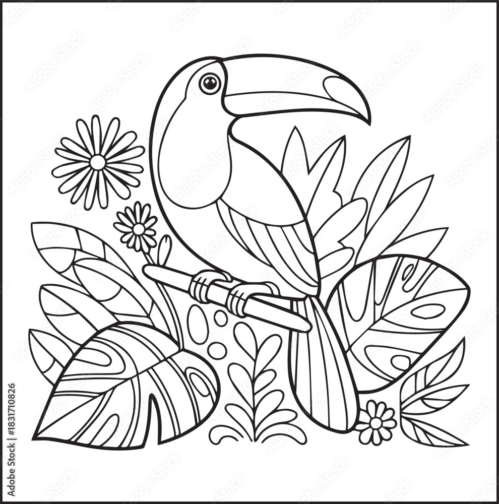 Naklejka premium Cute adorable toucan coloring page for kids, tropical bird black line art vector illustration doodle