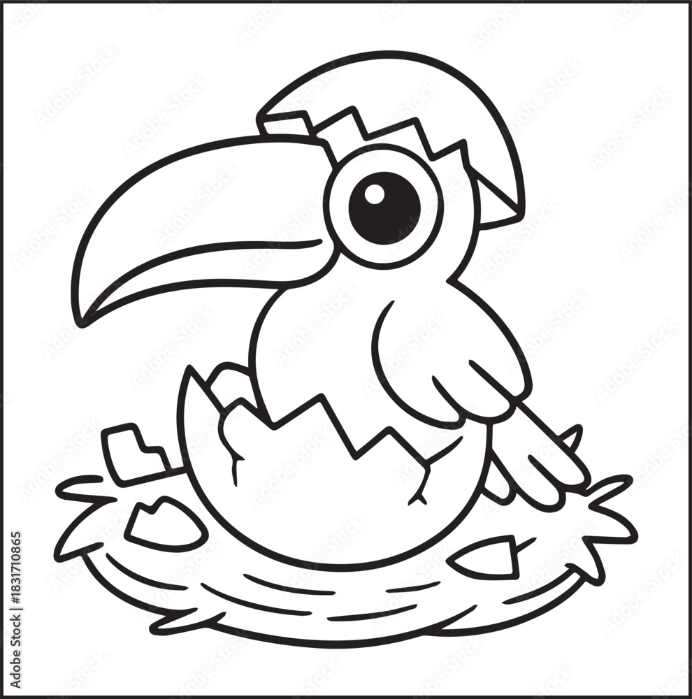 Naklejka premium Cute adorable toucan coloring page for kids, tropical bird black line art vector illustration doodle