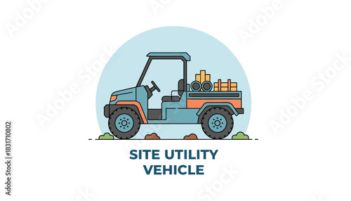 Site Utility Vehicle (UTV) Cartoon Illustration with Cargo. Off-Road Work Vehicle Icon for Construction, Agriculture, or Outdoor Transport
