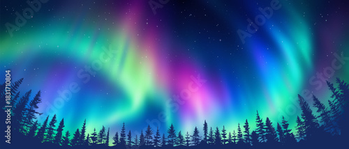 Contour of trees against the background of aurora borealis, winter holiday illustration
