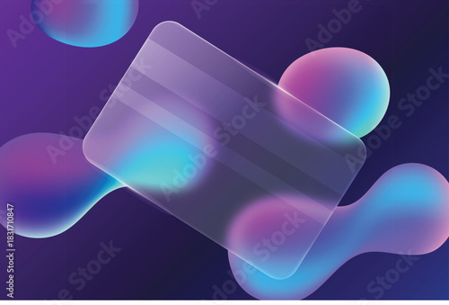 Abstract background with translucent glass shape and vibrant neon liquid blobs in a dark purple gradient