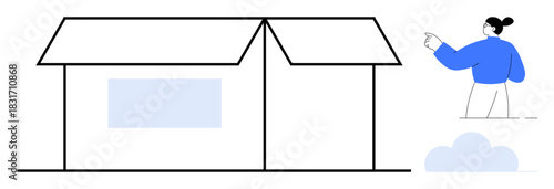 Minimalist house structure with an open roof, person pointing sideways, and a cloud below suggest ideas of design, construction, creativity, mobility, innovation, teamwork and housing. Simple flat