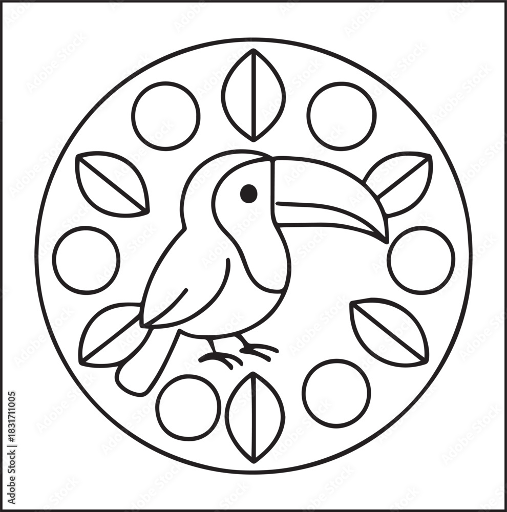 Naklejka premium Cute adorable toucan coloring page for kids, tropical bird black line art vector illustration doodle