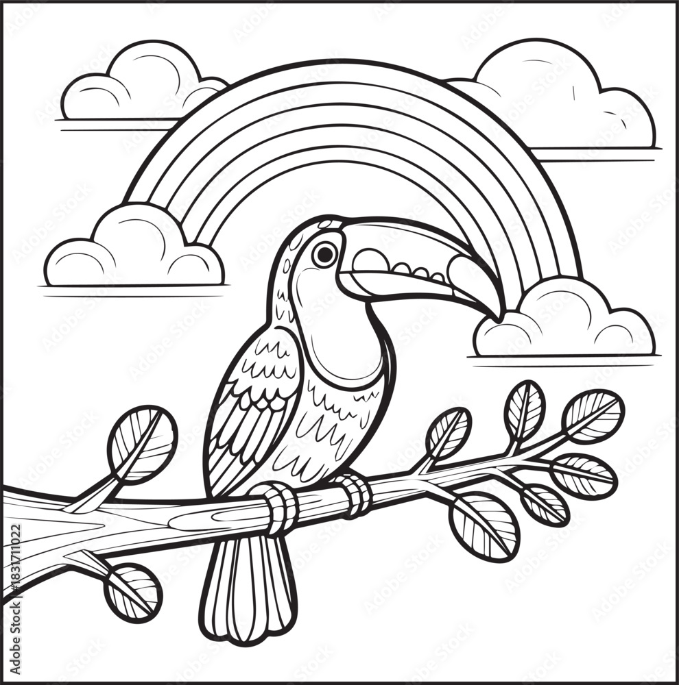 Naklejka premium Cute adorable toucan coloring page for kids, tropical bird black line art vector illustration doodle