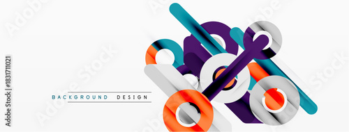 Abstract geometric shapes overlap, creating dynamic visual composition. White background enhances colorful elements. Modern design aesthetic.