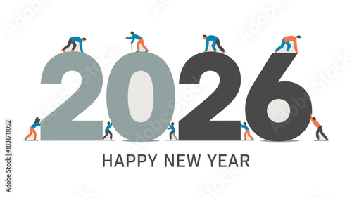 Shaping the Future: A collaborative team construct the 2026 symbolizing the concept of Happy New Year.  