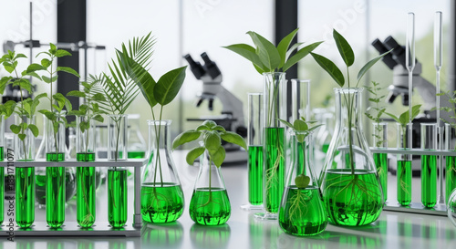 Green Plants Growing in Laboratory Glassware for Advanced Biotechnology Research and Sustainable Solutions