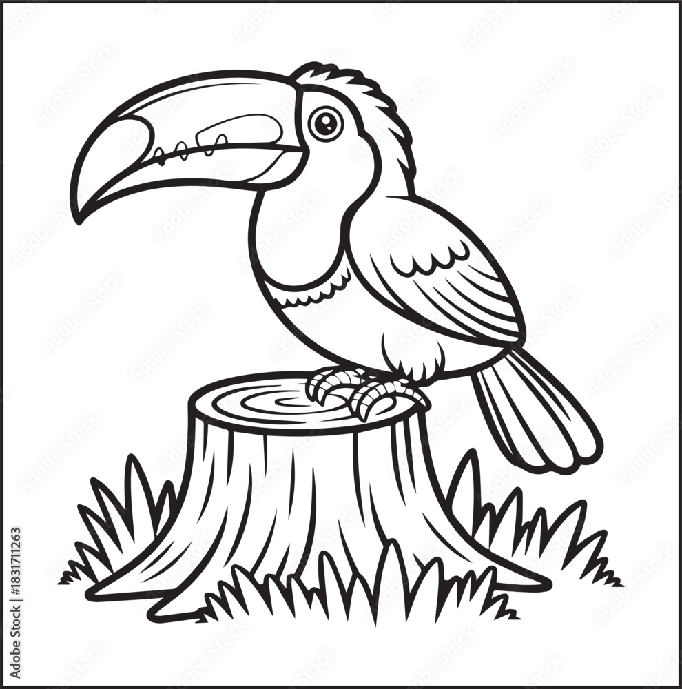Naklejka premium Cute adorable toucan coloring page for kids, tropical bird black line art vector illustration doodle