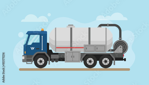 Wastewater Vacuum Truck Flat Design Illustration. Septic Tanker Vehicle for Liquid Waste Collection and Transport. Sewerage Service Truck.