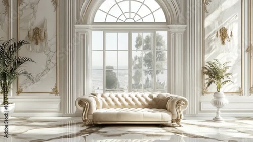 Elegant Interior Classical Room With Cream Tufted Sofa Marble Floor Large Arch Window Natural Light
