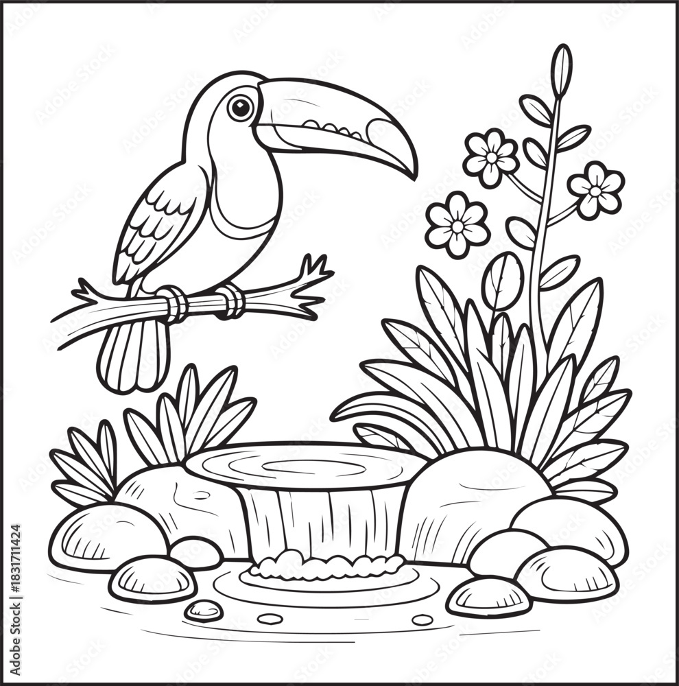Naklejka premium Cute adorable toucan coloring page for kids, tropical bird black line art vector illustration doodle