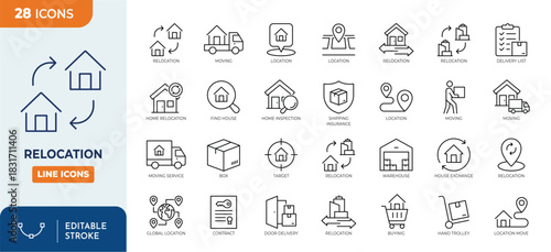 Relocation line editable icon set. Outline Icon Collection. Editable stroke. Vector illustration	