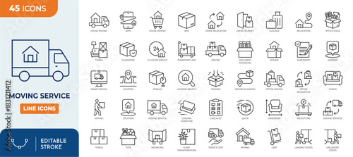 Moving Service line editable icon set. Contain icons relaed to Moving house services, packing, loaders, office moving, freight transportation, and more.  Editable stroke. Vector illustration