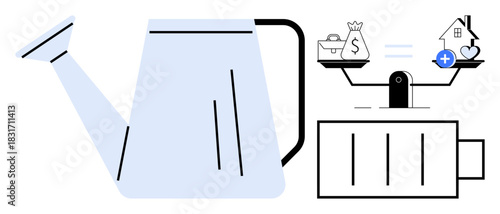 Financial balance concept. Balancing money and home priorities is with a scale and symbols wealth and lifestyle. Financial planning, budgeting, investments, decision-making, savings
