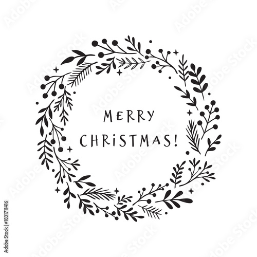 Minimal Christmas wreath greeting card with black botanical foliage and Merry Christmas lettering on a white background for festive winter holiday designs