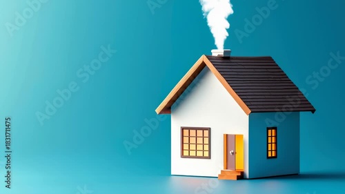 Cozy small house model and cozy house miniature home teal and blue background with warm window light, chimney smoke, wooden roof, simple design
