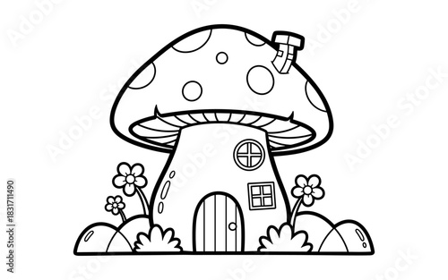 Whimsical mushroom house coloring page for kids and adults