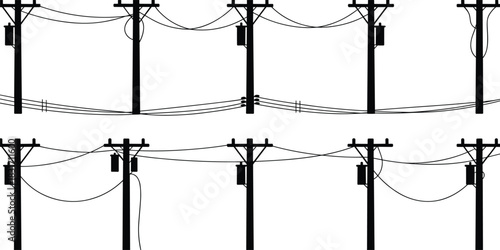 Black silhouette of utility poles with transformers and power lines electricity infrastructure