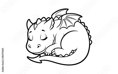 Adorable sleeping dragon line art for coloring pages and kids' designs