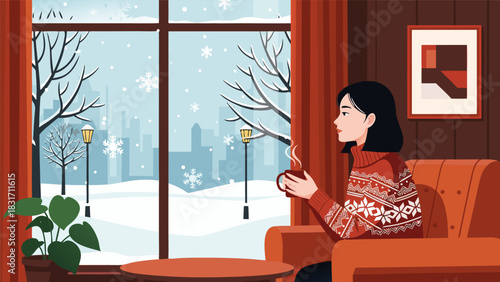 Warmth and Tranquility A Woman Enjoys a Steaming Drink by the Window, Watching Snow Fall on the Winter City