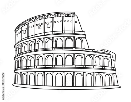 Detailed Line Drawing of the Colosseum in Rome, Italy for Coloring Book