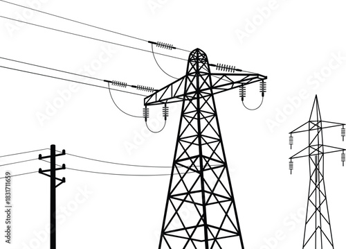 Close-up silhouette of electricity transmission towers and power poles pylon