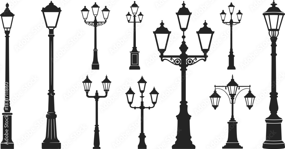 Φωτογραφία Collection of eleven black silhouette icons of vintage and modern street lamps l