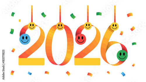 2026 Celebration: A vibrant visual celebration of the year 2026, featuring playful, cheerful design elements symbolizing optimism, happiness and future potential. 